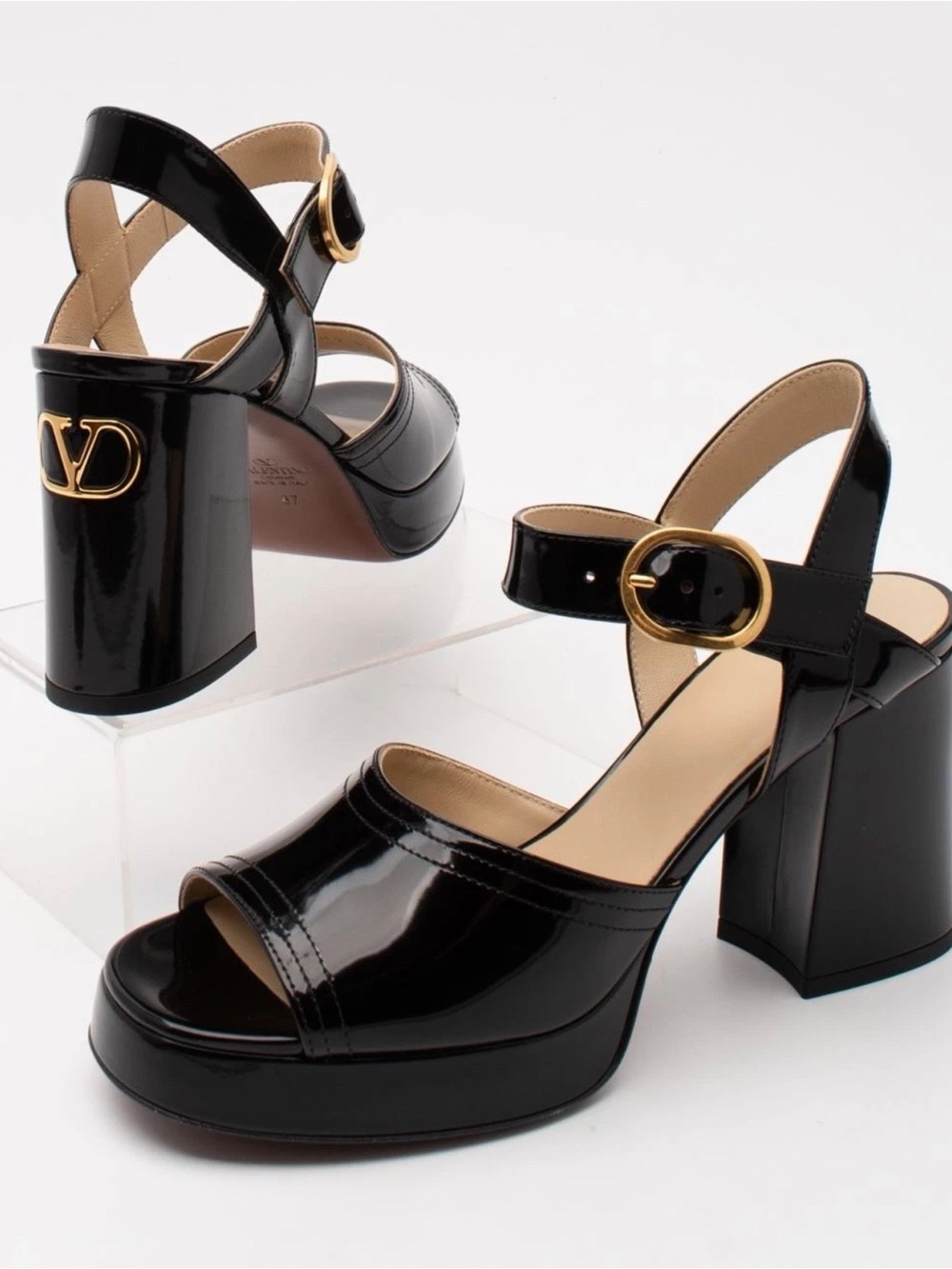Valentino Garavani Black Patent Leather Platform Sandals with Gold Logo Buckle